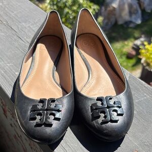 Tory Burch Black Leather Flats with Logo Accent